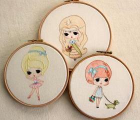  Set of Three Embroidery pdf Patterns - Ballerina, Princess and Walking the Dog